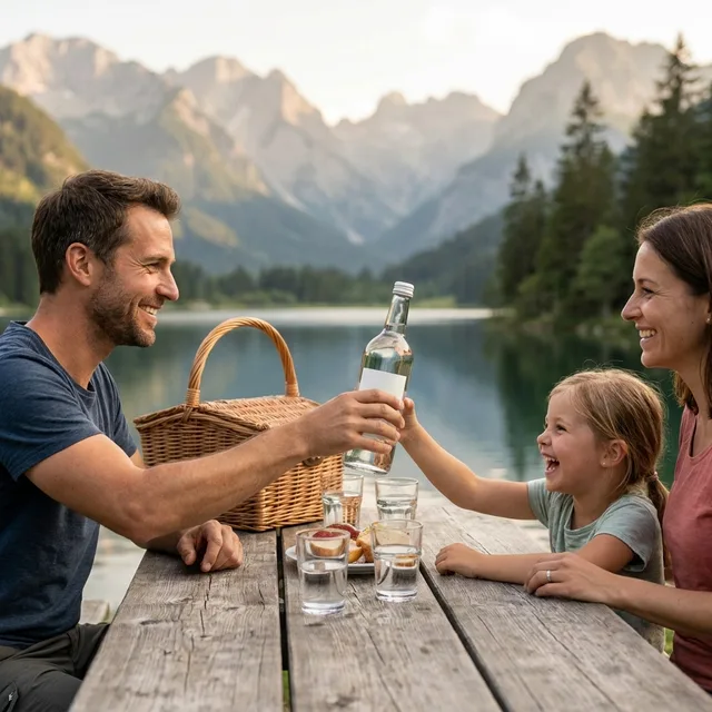 KI-generierte Werbeszene: Familie mit dem Produkt beim Picknick am Bergsee