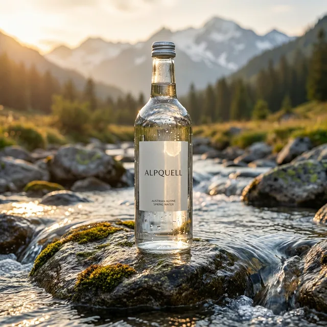 KI-generierte Werbeszene: Produkt am Alpenbach im Morgenlicht
